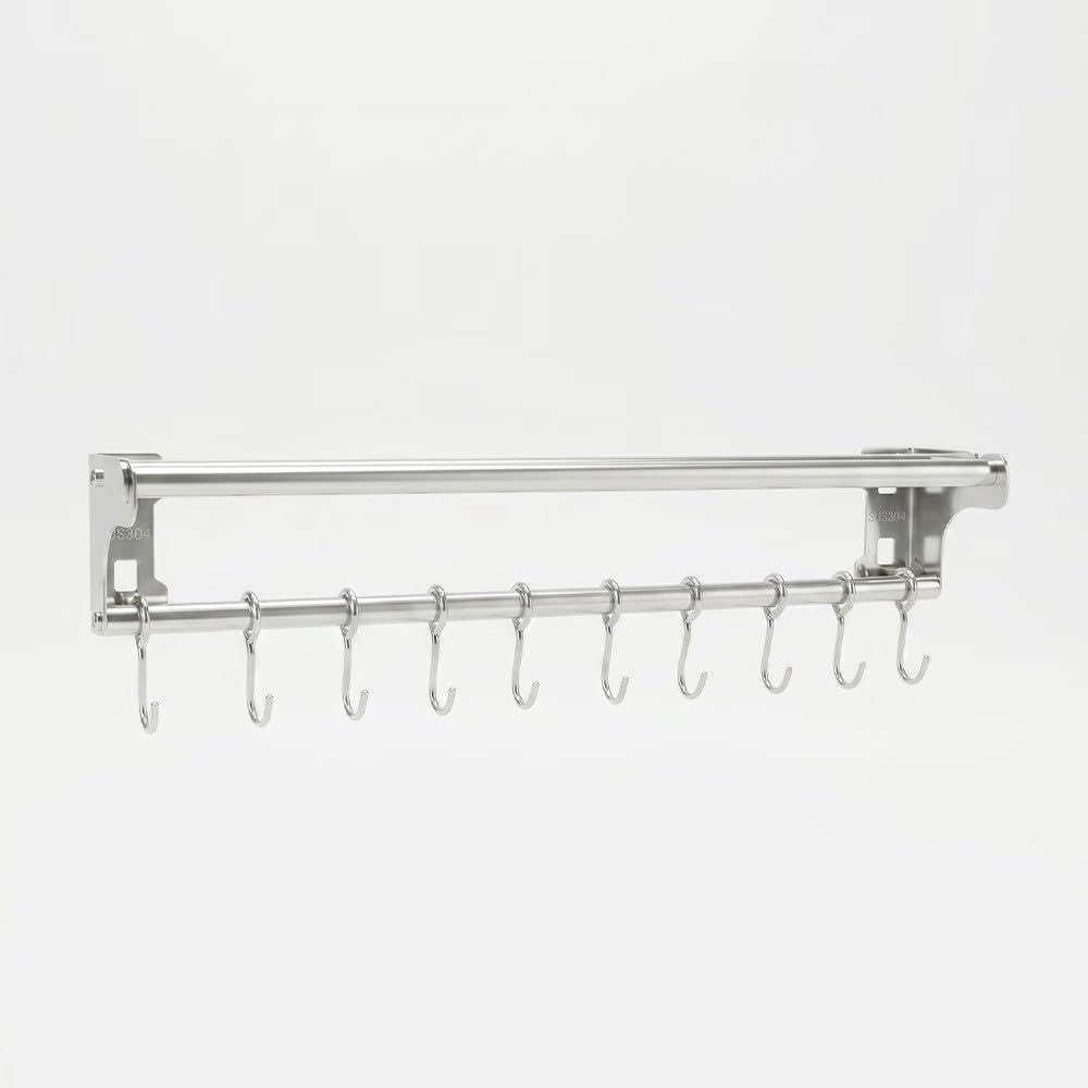 Stainless Steel Kitchen Utensil Holder with Hooks & Paper Towel Rack – Wall Mounted Organizer for Knives, Spoons,Spatula&Towels (19.658 inches+10 Hooks) 19.658 inches+10 Hooks