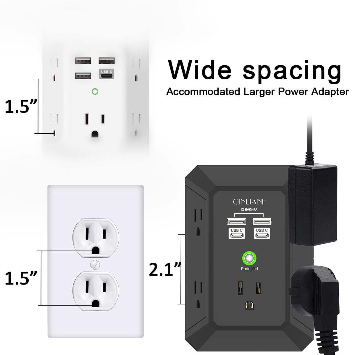 Wall Charger, Surge Protector, QINLIANF 5 Outlet Extender with 4 USB Ports Black 3U1C
