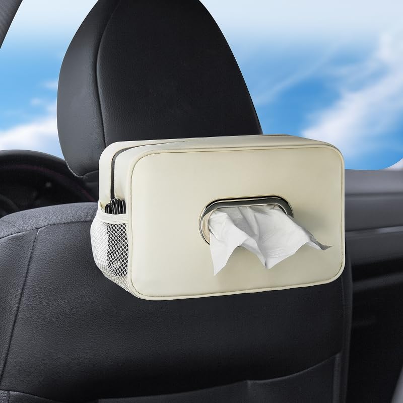 2PCS Multi-Functional Car Tissue Holder with ‌2 Tuck Nets, Tissue Box Cover 2pack Deep Black