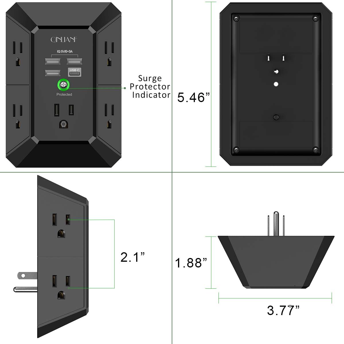 Wall Charger, Surge Protector, QINLIANF 5 Outlet Extender with 4 USB Ports Black 3U1C