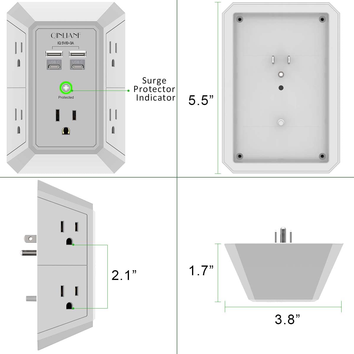 Wall Charger, Surge Protector, QINLIANF 5 Outlet Extender with 4 USB Ports Black 3U1C