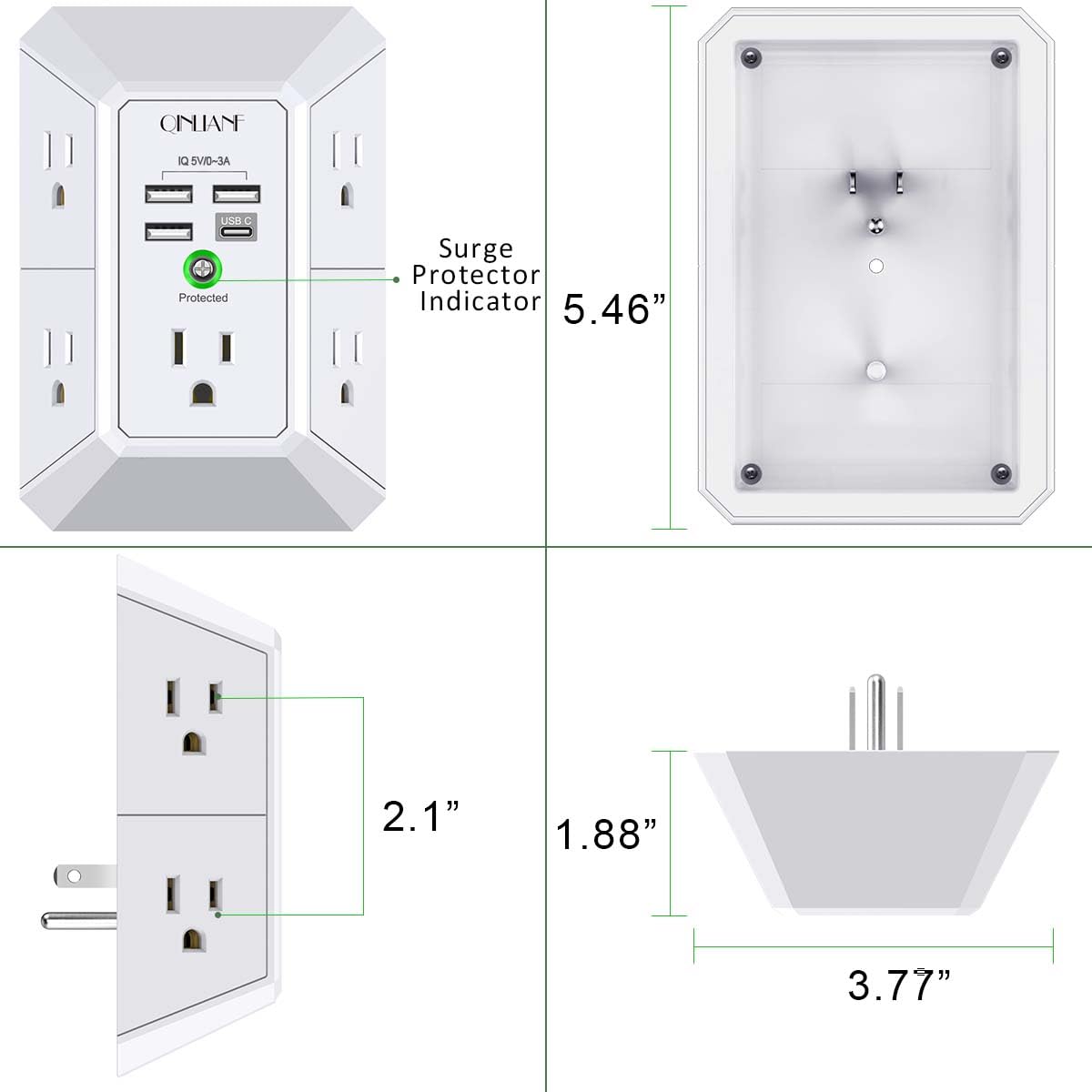 Wall Charger, Surge Protector, QINLIANF 5 Outlet Extender with 4 USB Ports Black 3U1C