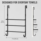 Over The Door Towel Rack, 3 Tier Metal Towel Bars with 2 Hooks for Bathroom,Add Extra Storage with 3 Fixed Towel Bars, 2 Bottom Hooks and Adhesive Pads—Perfect for bathrooms, bedrooms and RVs.