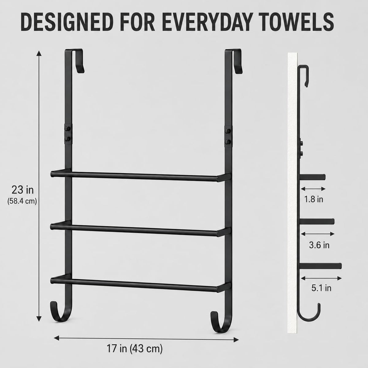 Over The Door Towel Rack, 3 Tier Metal Towel Bars with 2 Hooks for Bathroom,Add Extra Storage with 3 Fixed Towel Bars, 2 Bottom Hooks and Adhesive Pads—Perfect for bathrooms, bedrooms and RVs.
