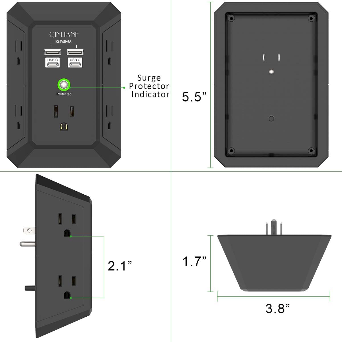 Wall Charger, Surge Protector, QINLIANF 5 Outlet Extender with 4 USB Ports Black 3U1C