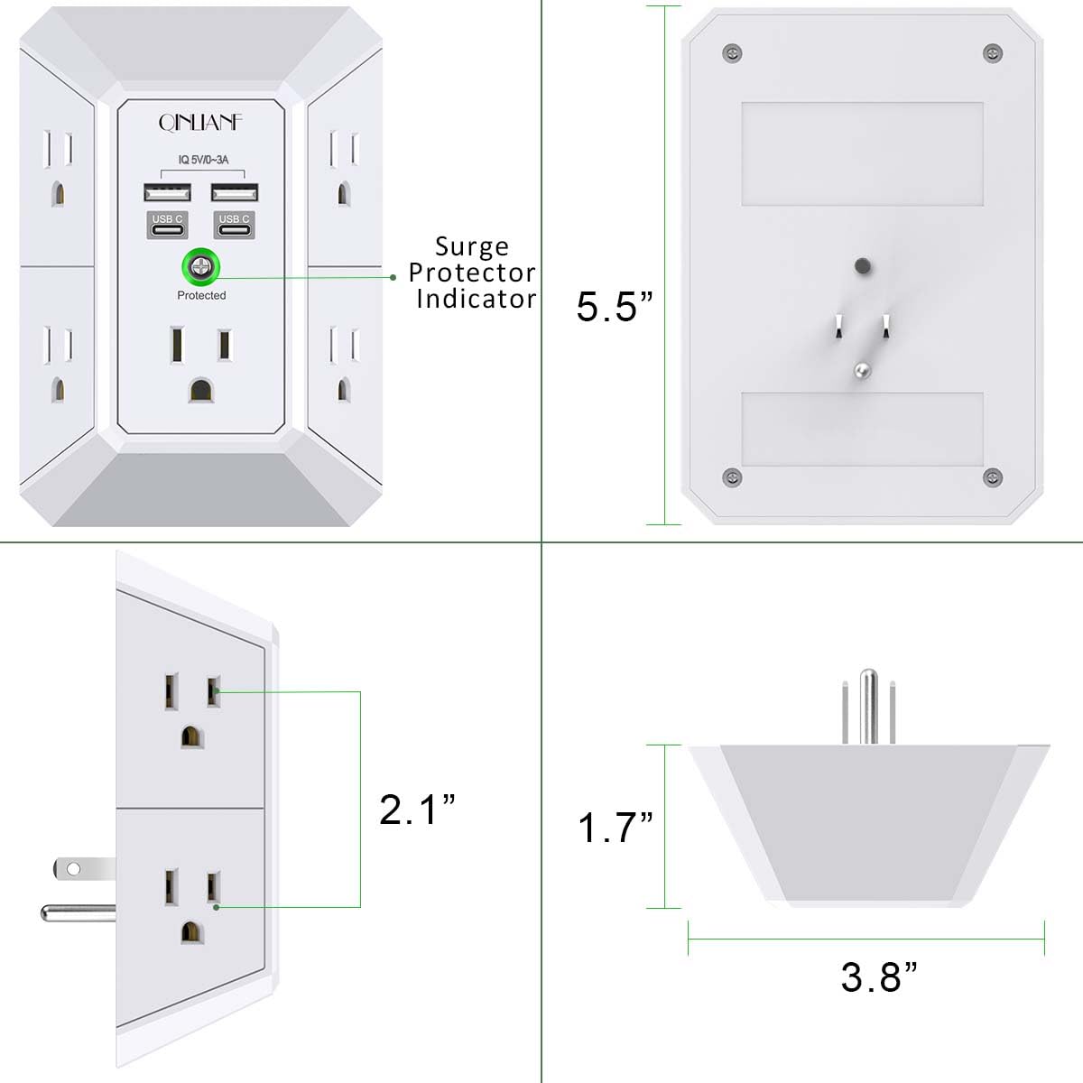 Wall Charger, Surge Protector, QINLIANF 5 Outlet Extender with 4 USB Ports Black 3U1C