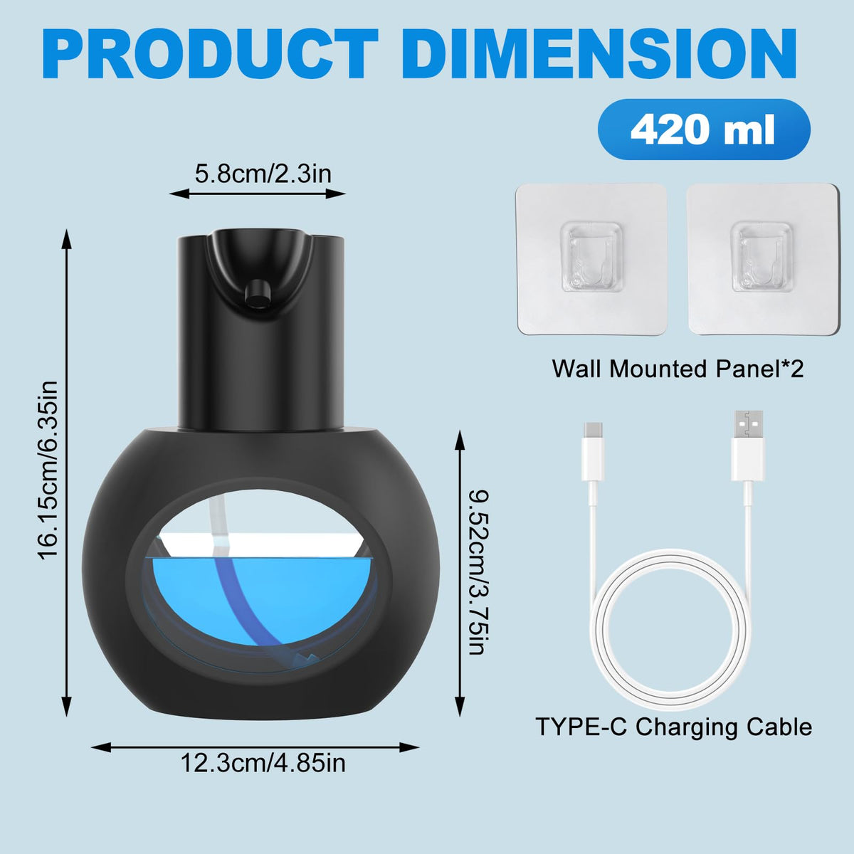 Automatic Foaming Soap Dispenser, 15oz/420ml Smart Hand Soap Dispensers, Touchless Wall Mount with 4-Level Adjustable, Rechargeable Foaming Hand Soap Dispenser for Bathroom Kitchen Office Black 1