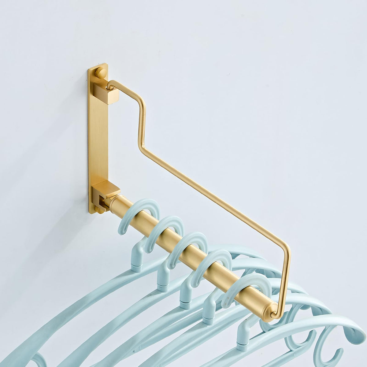 NEWRAIN Folding Wall Mounted Clothes Hanger Rack Clothes Hook Solid Brass with Swing Arm Holder Clothing Hanging System Closet Storage Organizer Heavy Duty Drying Rack Wall Mount,Brushed Gold Triangle Brushed Gold