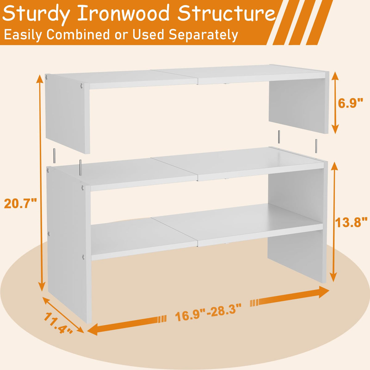 3-Tier Expandable White Shoe Rack Organizer for Closet, Stackable Shoe Racks Storage Shelf, Small Metal Wood Combination Shoe Shelves for Closets,Entryway,Front Door, Narrow Space,Hallway,8-16 Pairs 1 PACK(3-Tier）