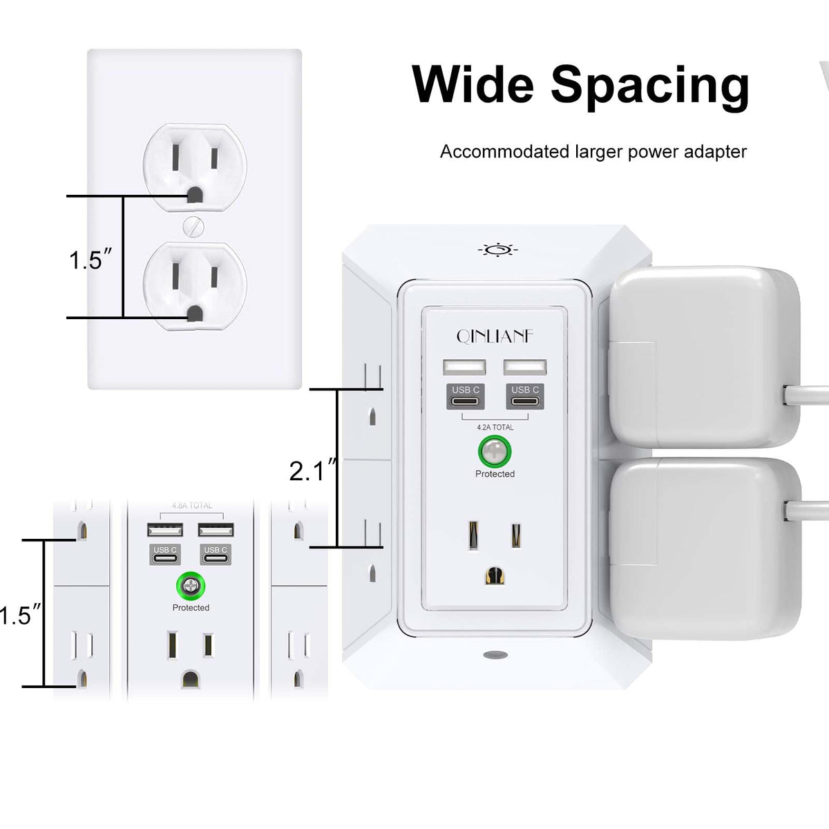 Wall Charger, Surge Protector, QINLIANF 5 Outlet Extender with 4 USB Ports Black 3U1C