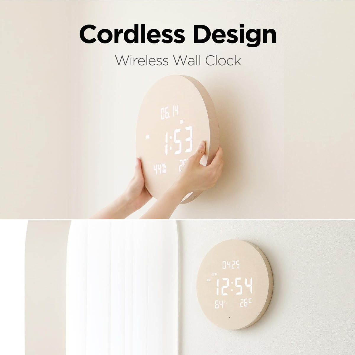 mooas Wood Moon Cordless Mini Digital LED Wall Clock, Date, Temperature Wood Moon (Cordless Mini)