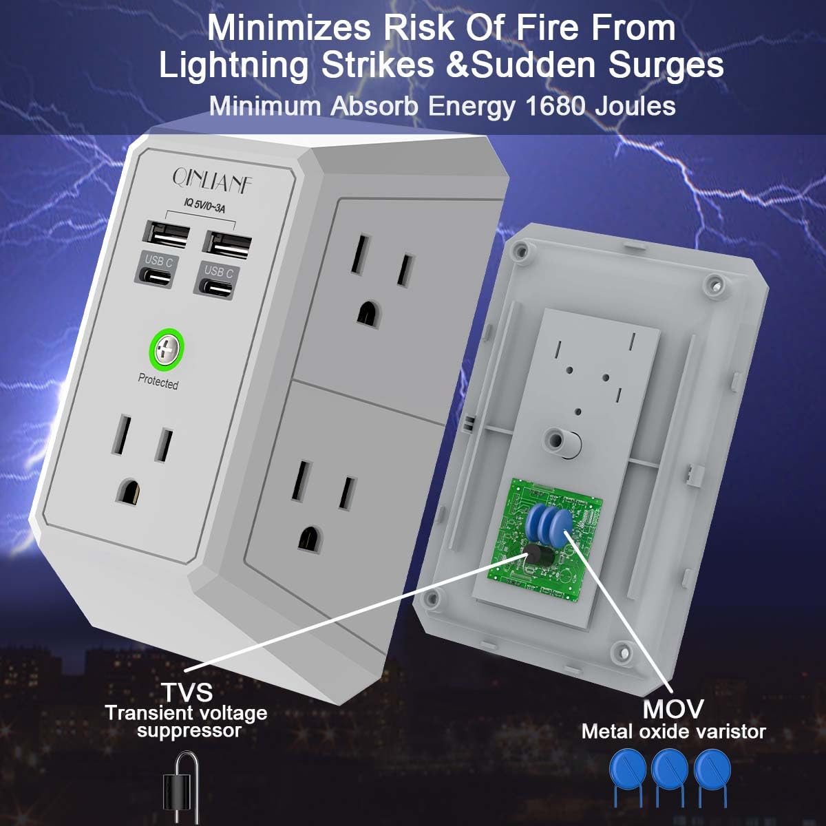 Wall Charger, Surge Protector, QINLIANF 5 Outlet Extender with 4 USB Ports Black 3U1C