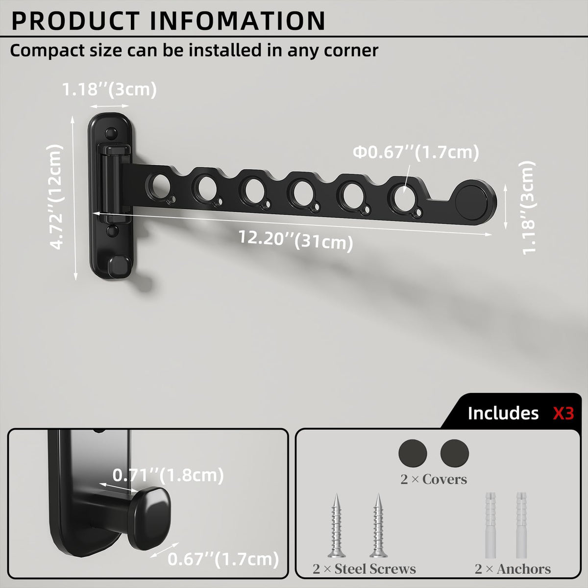Wall Mounted Clothes Hanger Rack Foldable for Laundry Drying Rack Black Long 2P