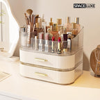 Large Makeup Organizer with Drawers, 360° Rotating Brush Holder Cream White 3-layer