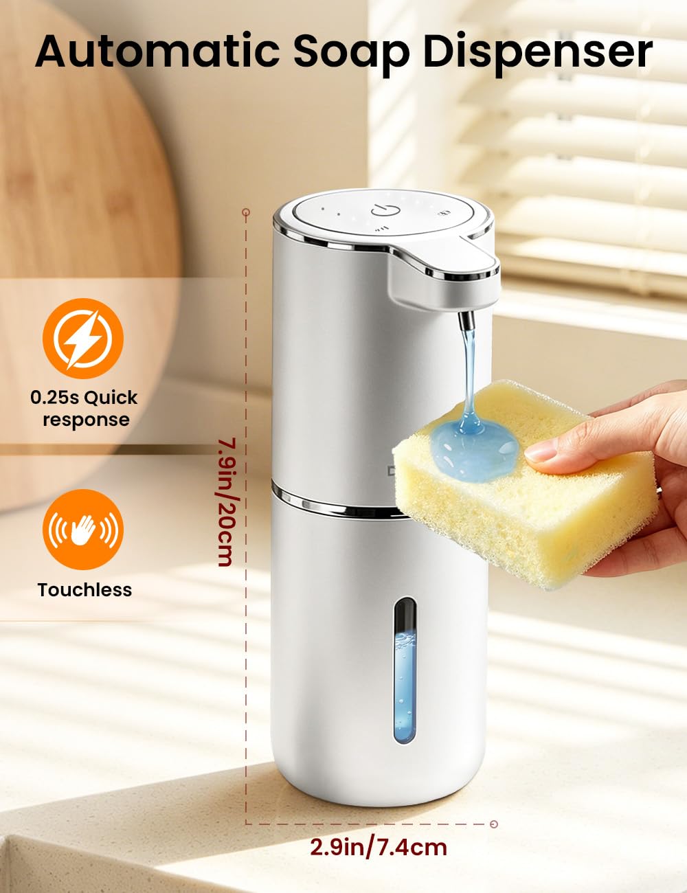 Automatic Soap Dispenser Touchless, USB Rechargeable Hand Soap Dispenser, 4 Adjustable Soap Levels, IPX5 Waterproof, 12.8oz/380ml, Countertop or Wall Mounted for Bathroom and Kitchen, White Liquid