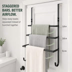 Over The Door Towel Rack, 3 Tier Metal Towel Bars with 2 Hooks for Bathroom,Add Extra Storage with 3 Fixed Towel Bars, 2 Bottom Hooks and Adhesive Pads—Perfect for bathrooms, bedrooms and RVs.