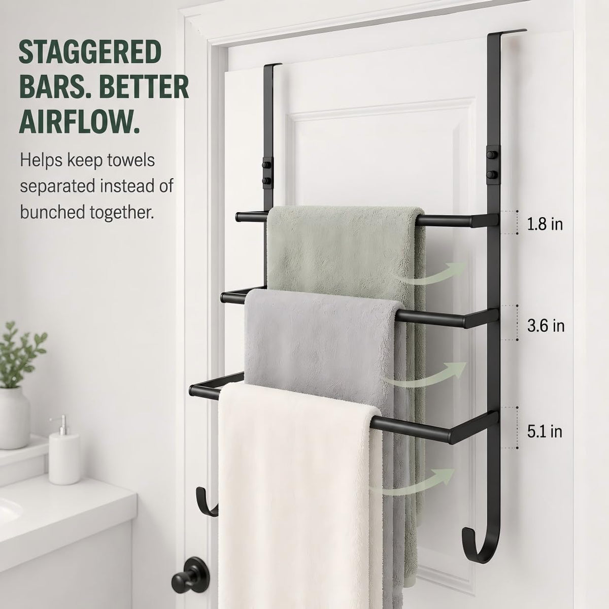 Over The Door Towel Rack, 3 Tier Metal Towel Bars with 2 Hooks for Bathroom,Add Extra Storage with 3 Fixed Towel Bars, 2 Bottom Hooks and Adhesive Pads—Perfect for bathrooms, bedrooms and RVs.