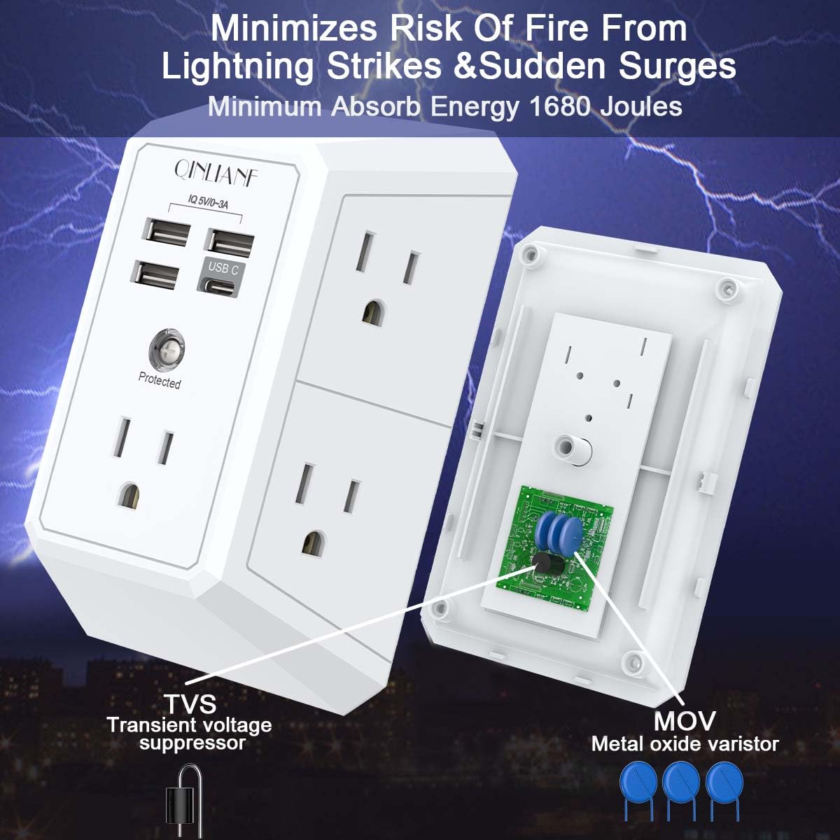 Wall Charger, Surge Protector, QINLIANF 5 Outlet Extender with 4 USB Ports Black 3U1C