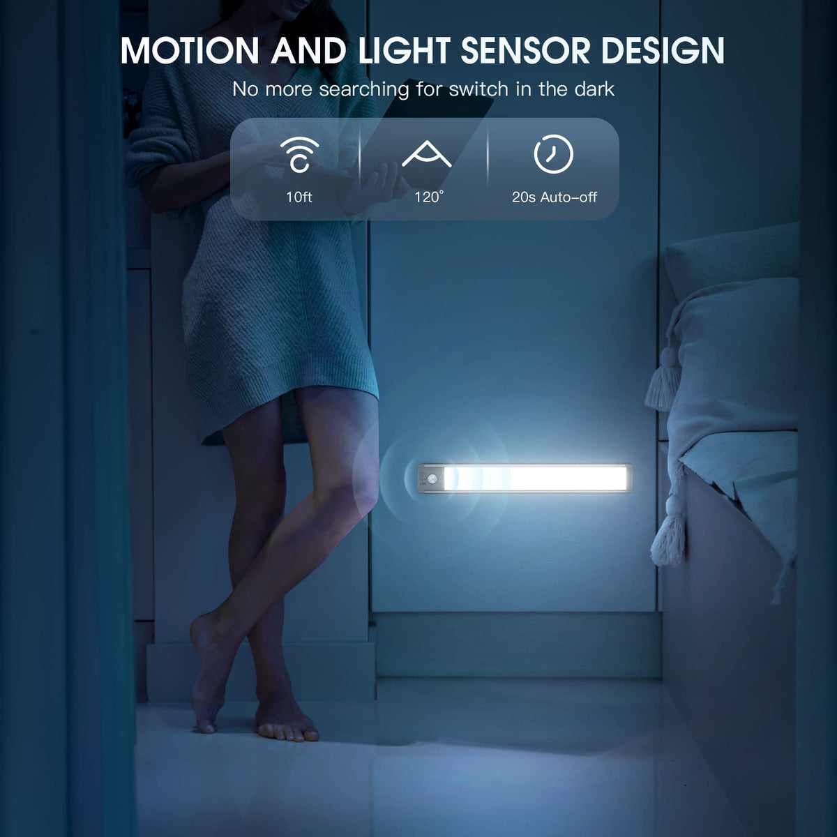 MCGOR 10inch Under Cabinet Lighting, 2 Pack Rechargeable Motion Sensor Light Indoor, 5 Levels Dimmable Magnetic Closet Lights, Wireless Under Counter Lights for Kitchen, Stairs White Light