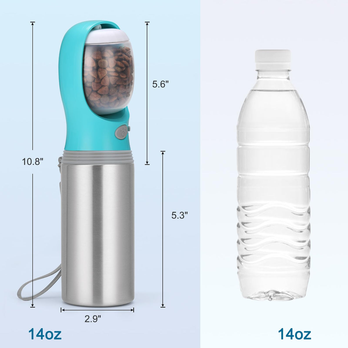Portable Dog Water Bottle, 14 OZ Stainless Steel Pet Water Dispenser Button switch 14 OZ - Blue