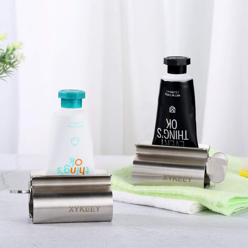 XYKEEY Toothpaste Tube Squeezer - Set of 2 Toothpaste Squeezer Rollers, Metal Toothpaste Tube Wringer Seat Holder Stand (Matt Black) Matt Black