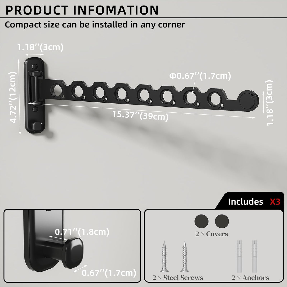 Wall Mounted Clothes Hanger Rack Foldable for Laundry Drying Rack Black Long 2P