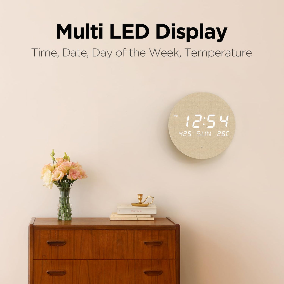 mooas Wood Moon Cordless Mini Digital LED Wall Clock, Date, Temperature Wood Moon (Cordless Mini)