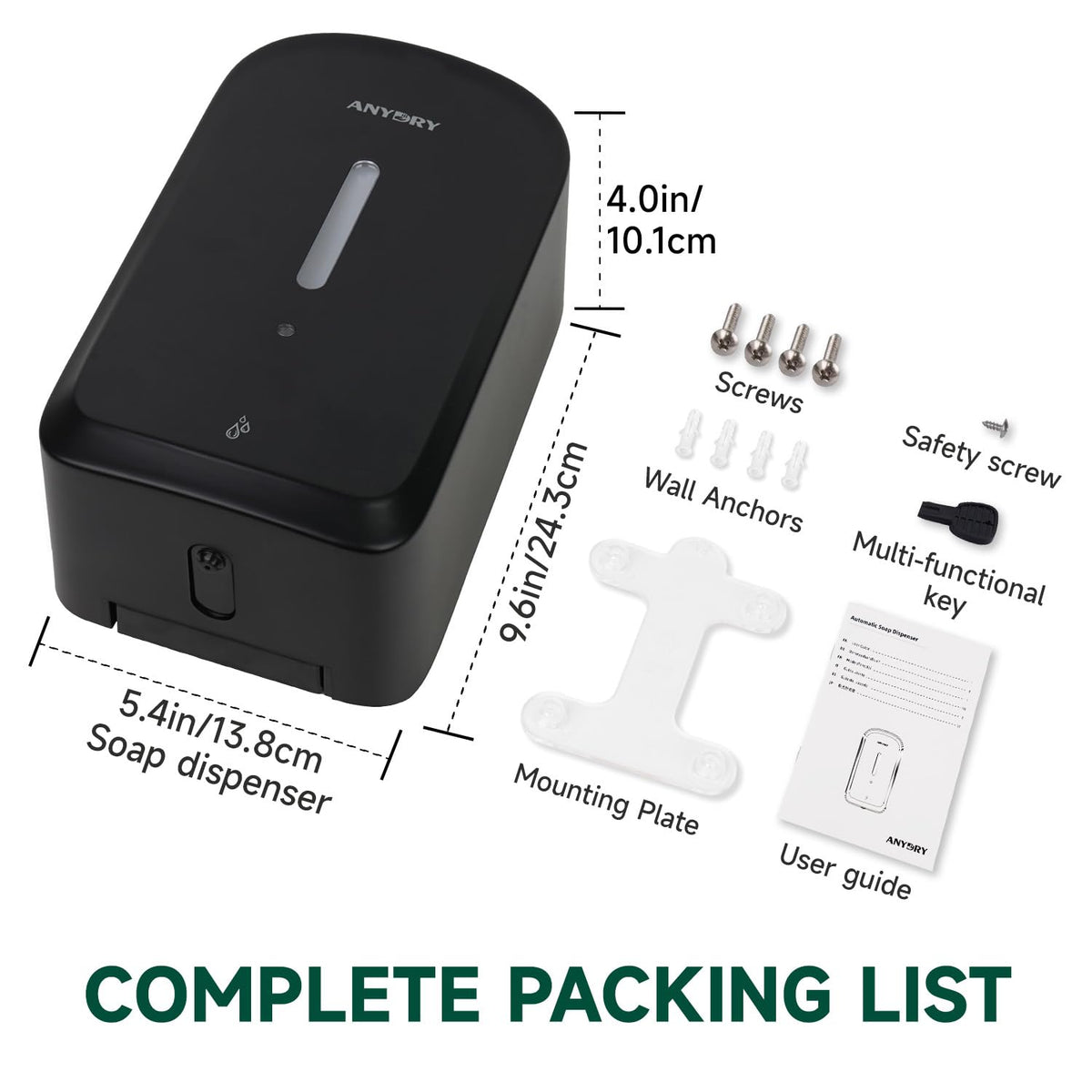 anydry Commercial Automatic Soap Dispenser 34oz Large Capacity Wall-Mounted Black
