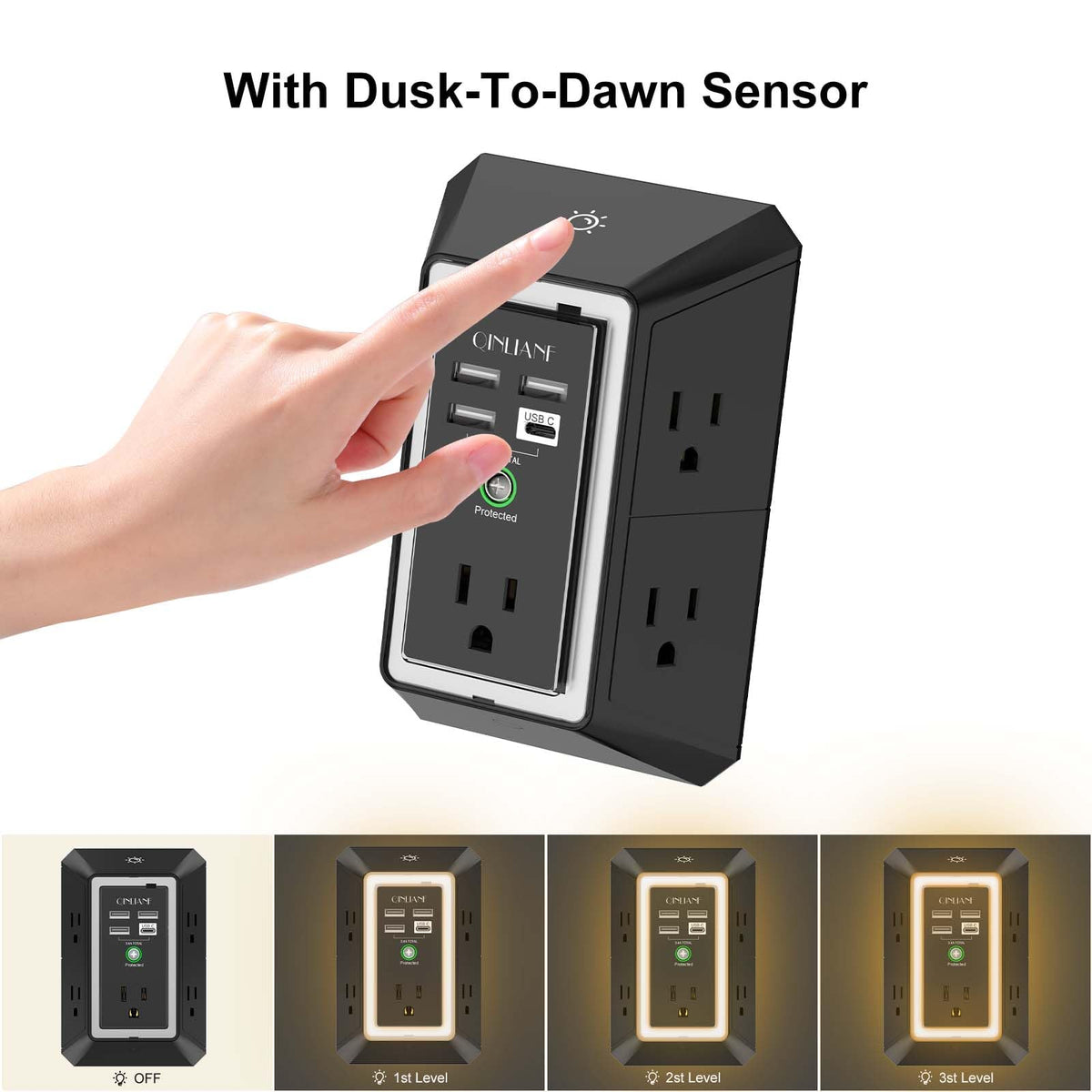 Wall Charger, Surge Protector, QINLIANF 5 Outlet Extender with 4 USB Ports Black 3U1C