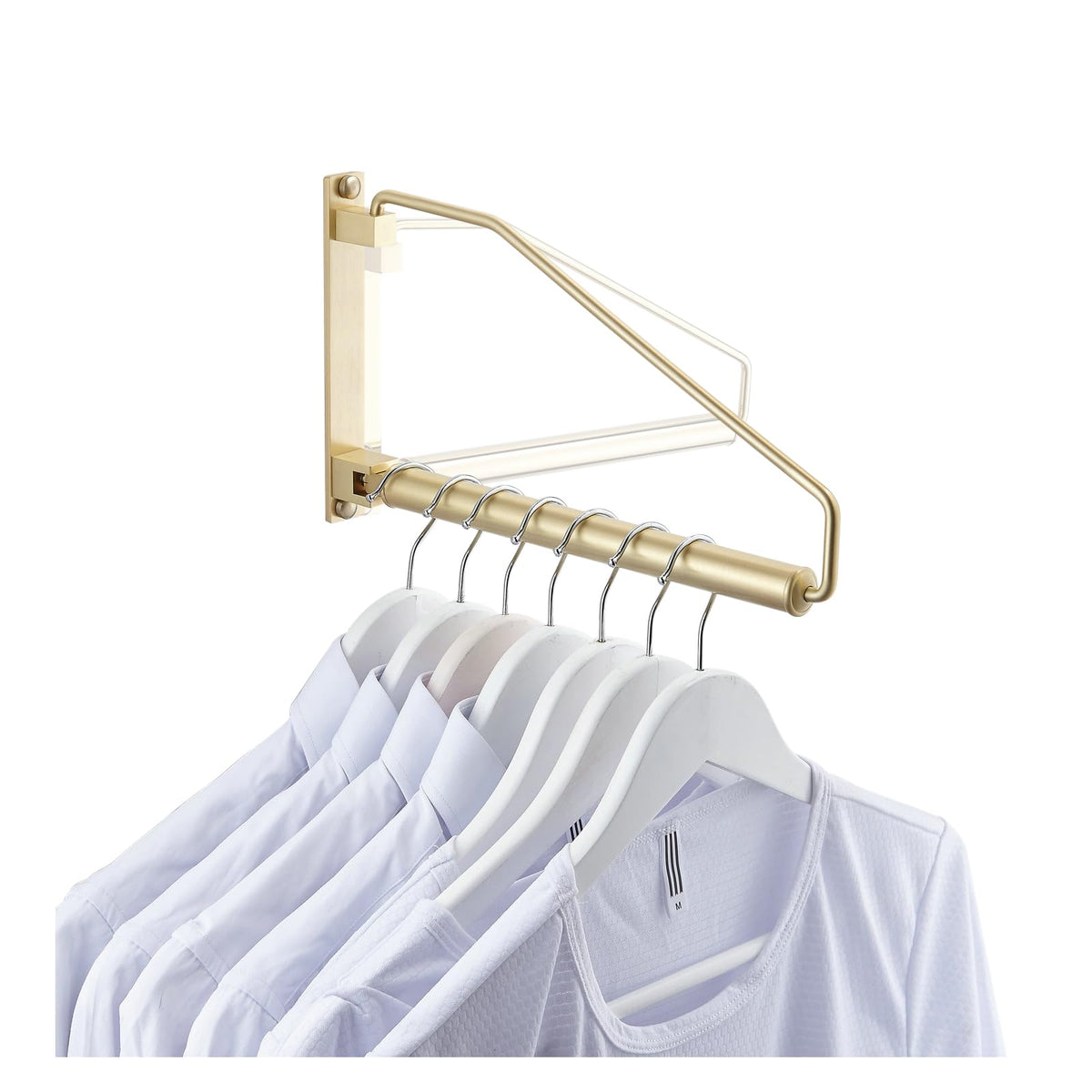 NEWRAIN Folding Wall Mounted Clothes Hanger Rack Clothes Hook Solid Brass with Swing Arm Holder Clothing Hanging System Closet Storage Organizer Heavy Duty Drying Rack Wall Mount,Brushed Gold Triangle Brushed Gold