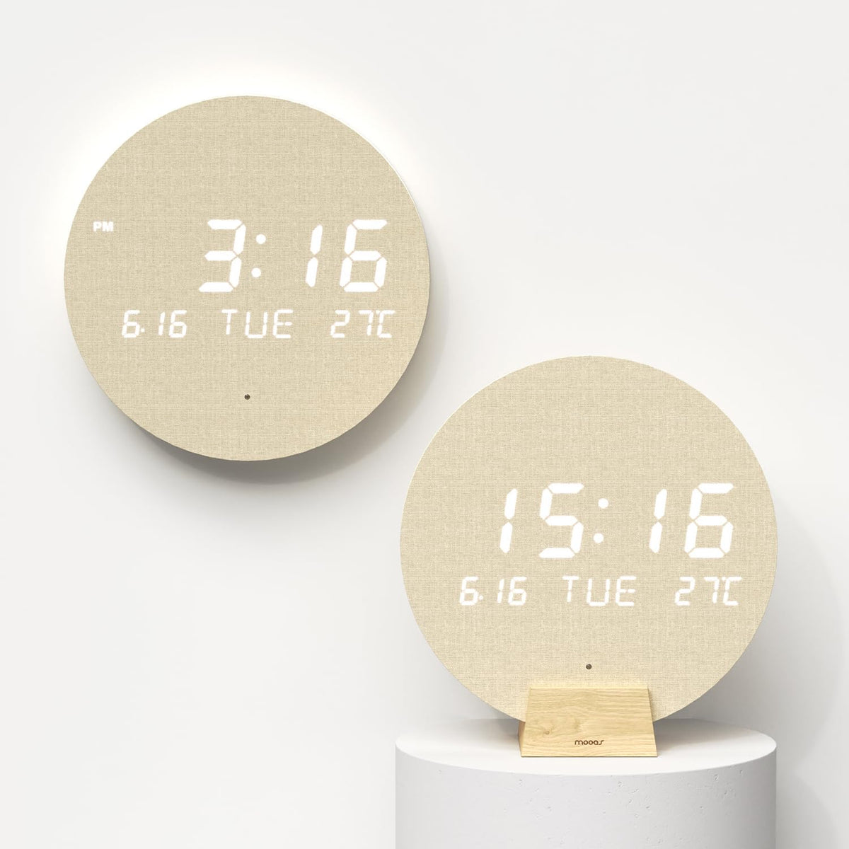mooas Wood Moon Cordless Mini Digital LED Wall Clock, Date, Temperature Wood Moon (Cordless Mini)