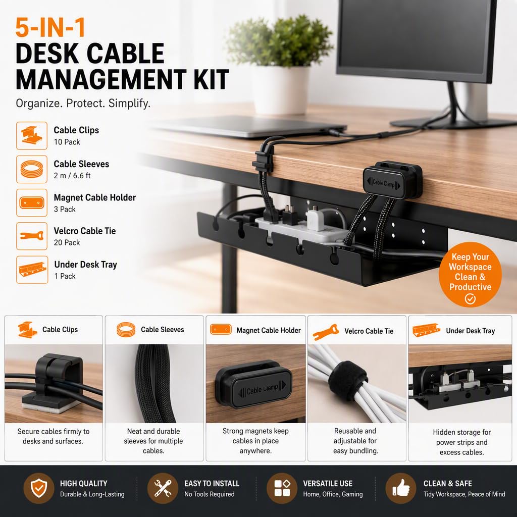DC 5-in-1 Under Desk Cable Management Kit - Cord Organizer