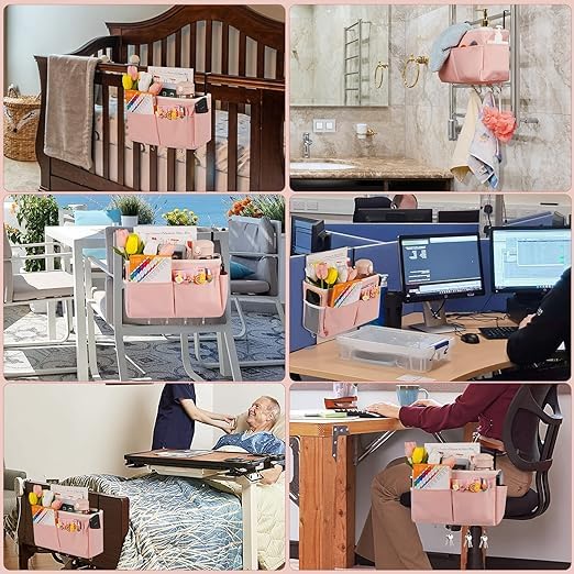 Bedside Caddy Organizer 5 Pockets and 4 Hooks for Bunk Bed Black