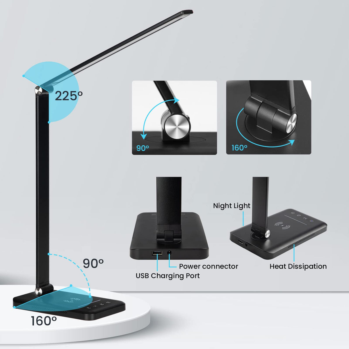 LED Desk Lamp with Wireless Charger, USB Charging Port, Eye Care Black PRO
