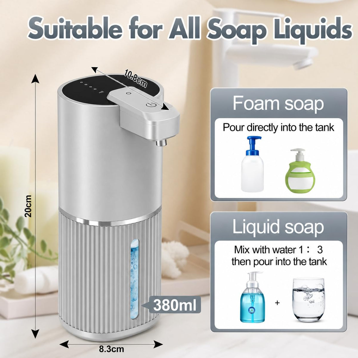 Automatic Soap Dispenser, Foaming Soap Dispenser Touchless with Continuous Dispensing, 4-Level Adjustable, Rechargeable Hand Soap Dispensers, Wall Mounted or Countertop for Bathroom & Kitchen Gold