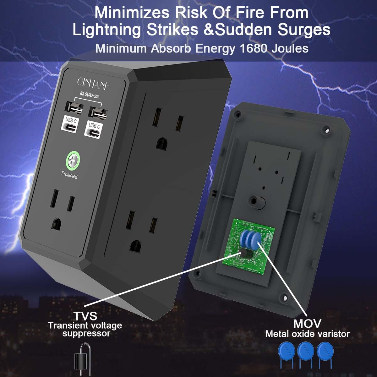 Wall Charger, Surge Protector, QINLIANF 5 Outlet Extender with 4 USB Ports Black 3U1C