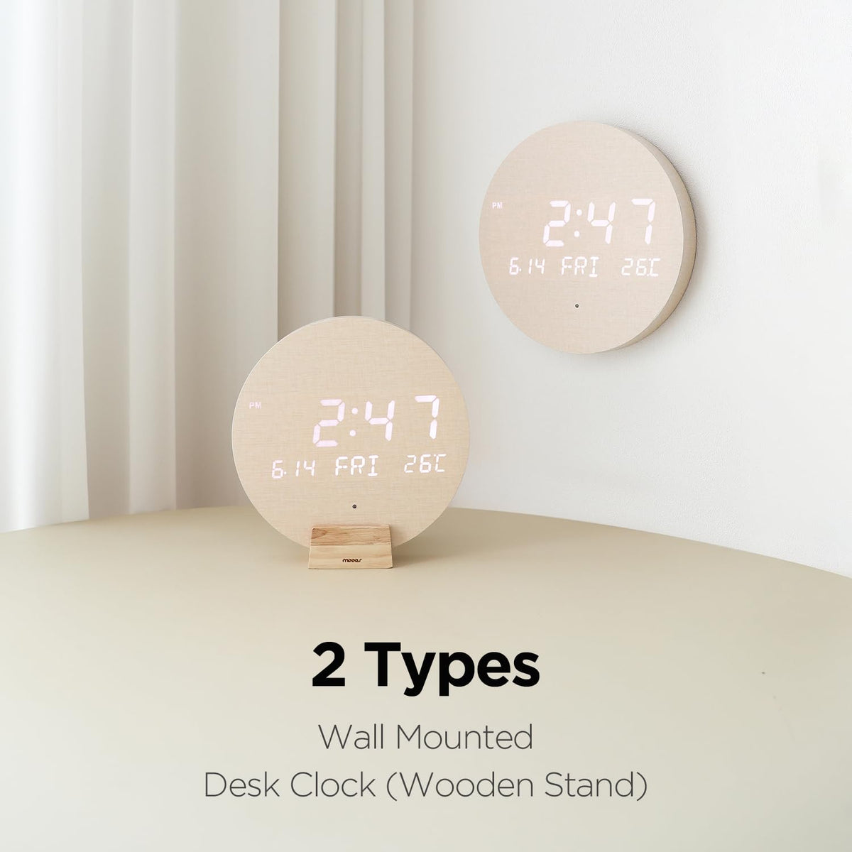mooas Wood Moon Cordless Mini Digital LED Wall Clock, Date, Temperature Wood Moon (Cordless Mini)