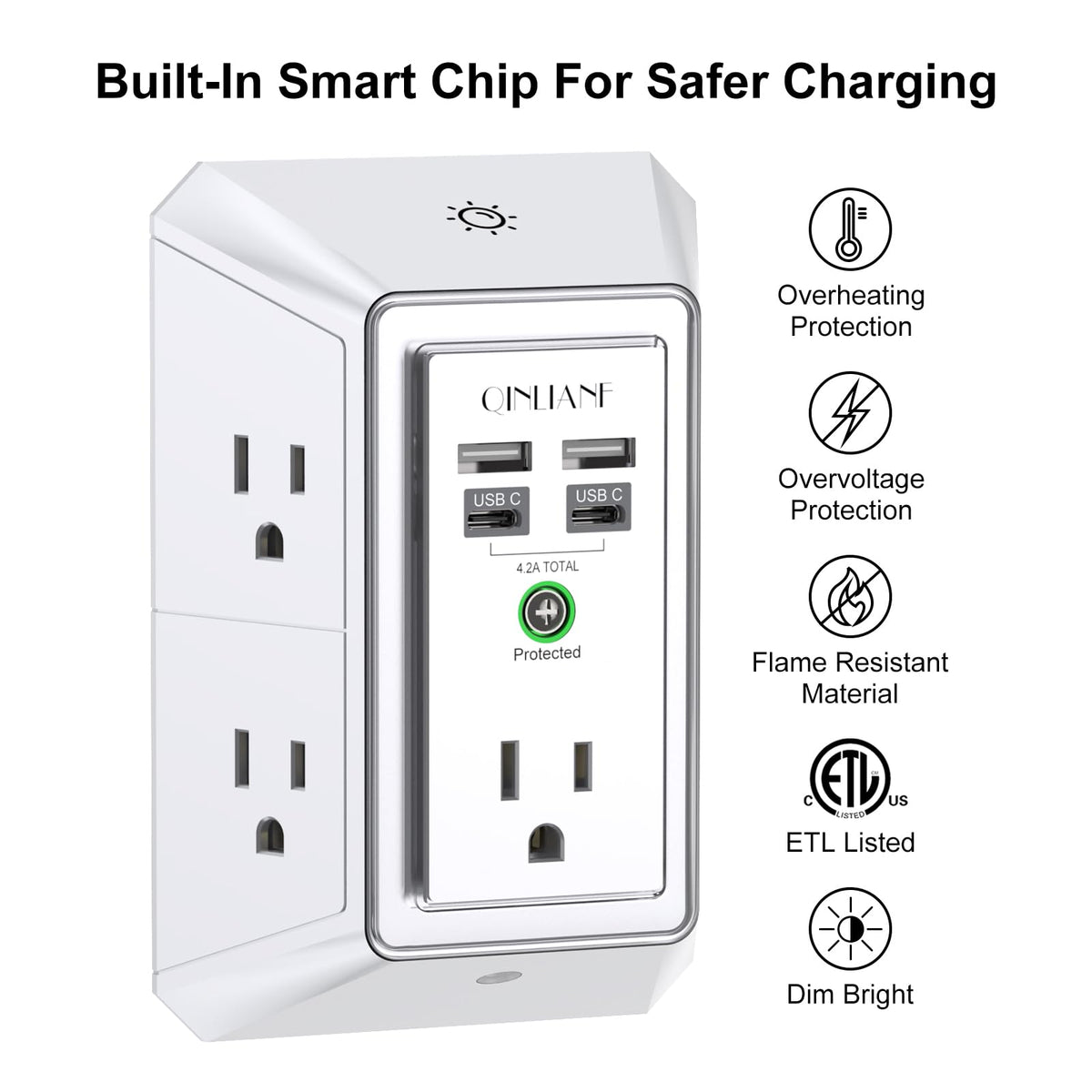 Wall Charger, Surge Protector, QINLIANF 5 Outlet Extender with 4 USB Ports Black 3U1C
