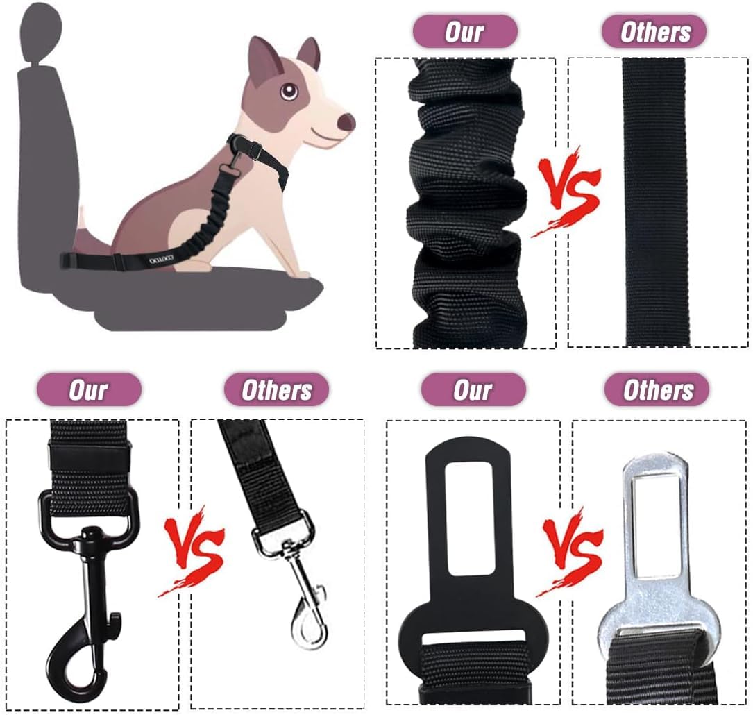 COOYOO Dog Seat Belt,3 Piece Set Retractable Dog Car Harness Adjustable for Vehicle Nylon Pet Safety Heavy Duty & Elastic Set 03-Black+Blue
