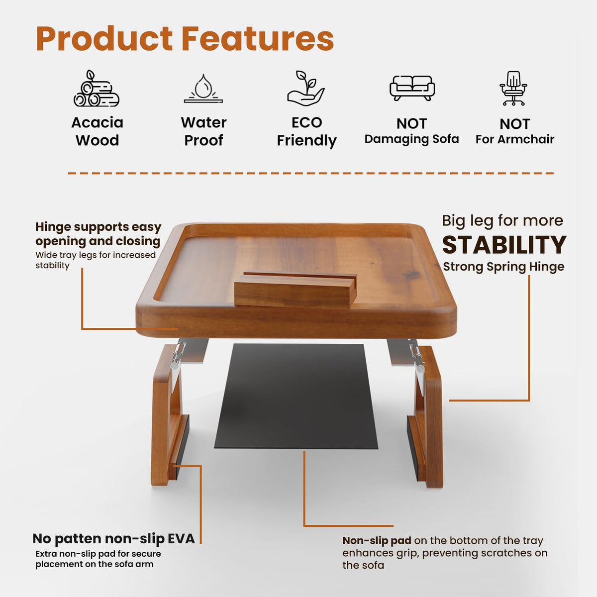 TINAMO Sofa Arm Tray with 360° Phone Holder, Clip-On Tray, Walnut Finish 13.8" x 9.5" x 1"
