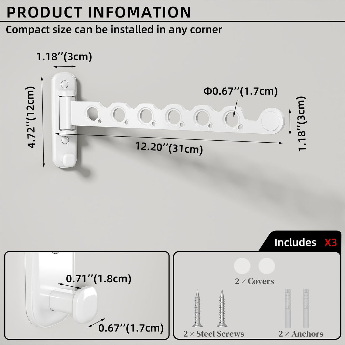 Wall Mounted Clothes Hanger Rack Foldable for Laundry Drying Rack Black Long 2P