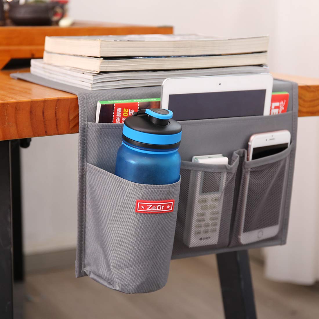 Zafit Bedside Storage Organizer - 6 Pockets, Table Cabinet Caddy for Remotes, Phone, Glasses (Grey) 6 Pockets-Grey
