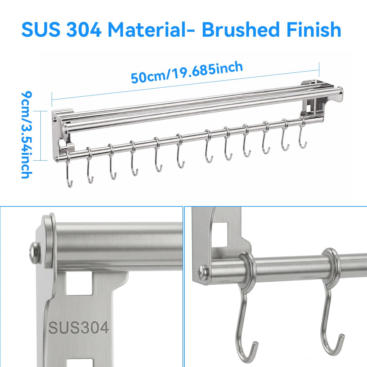 Stainless Steel Kitchen Utensil Holder with Hooks & Paper Towel Rack – Wall Mounted Organizer for Knives, Spoons,Spatula&Towels (19.658 inches+10 Hooks) 19.658 inches+10 Hooks