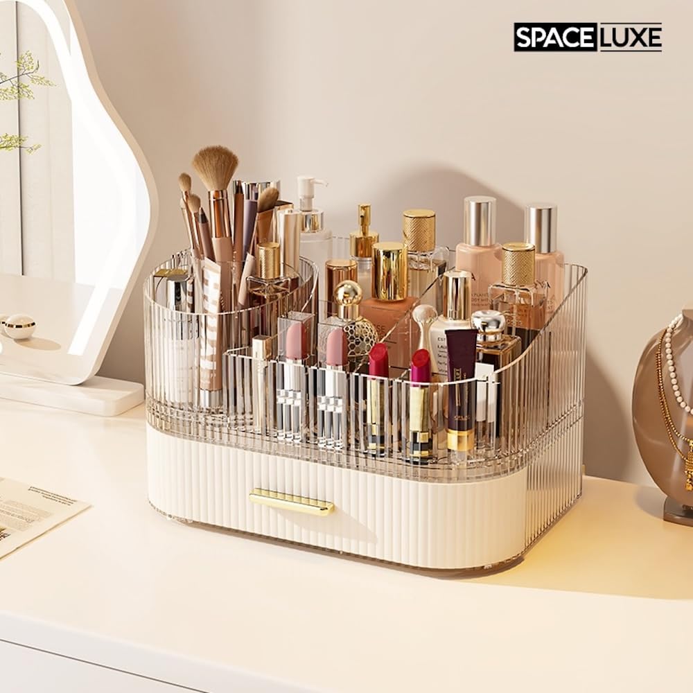 Large Makeup Organizer with Drawers, 360° Rotating Brush Holder Cream White 3-layer