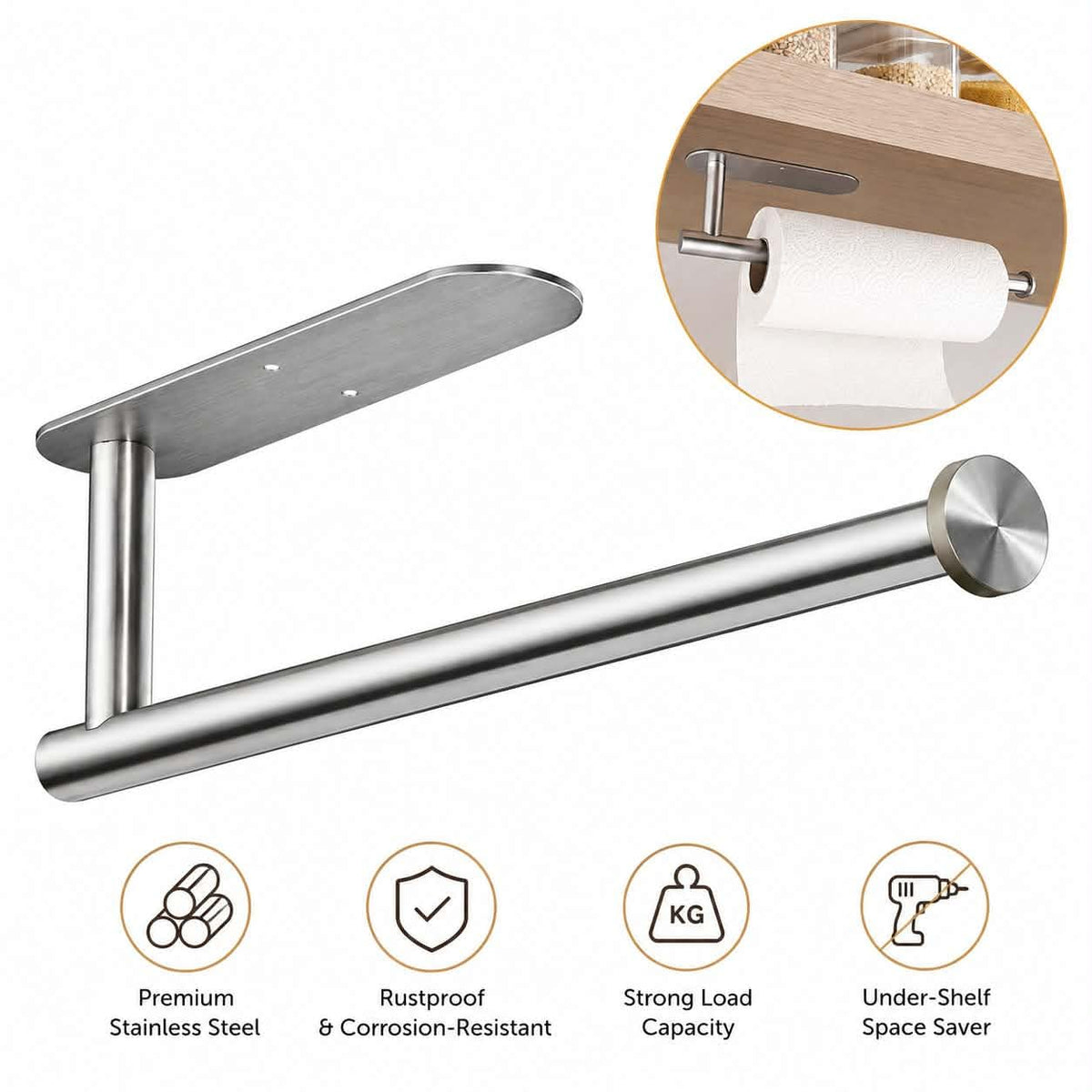 Paper Towel Holders for Kitchen,Paper Towels Bulk- Self-Adhesive Under Cabinet,Both Available in Adhesive and Screws,Stainless Steel,1pack