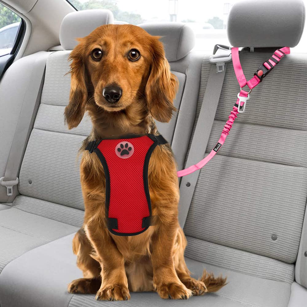 Lukovee Dog Car Seat Belt, 2 Pack, Headrest Restraint, Headrest A.Fluorescent Pink Headrest, 2 Pcs