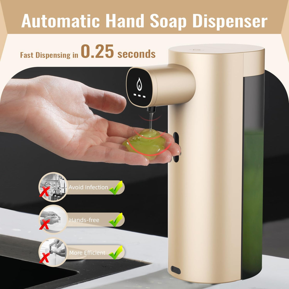 Automatic Liquid Soap Dispenser Touchless, USB Rechargeable Smart Hand Soap Dispenser, 13.5oz/400ml, 3-Level Adjustable, Compatible with Thick Thin Dish Soap for Bathroom Kitchen, Clog-Free (Gold) Gold