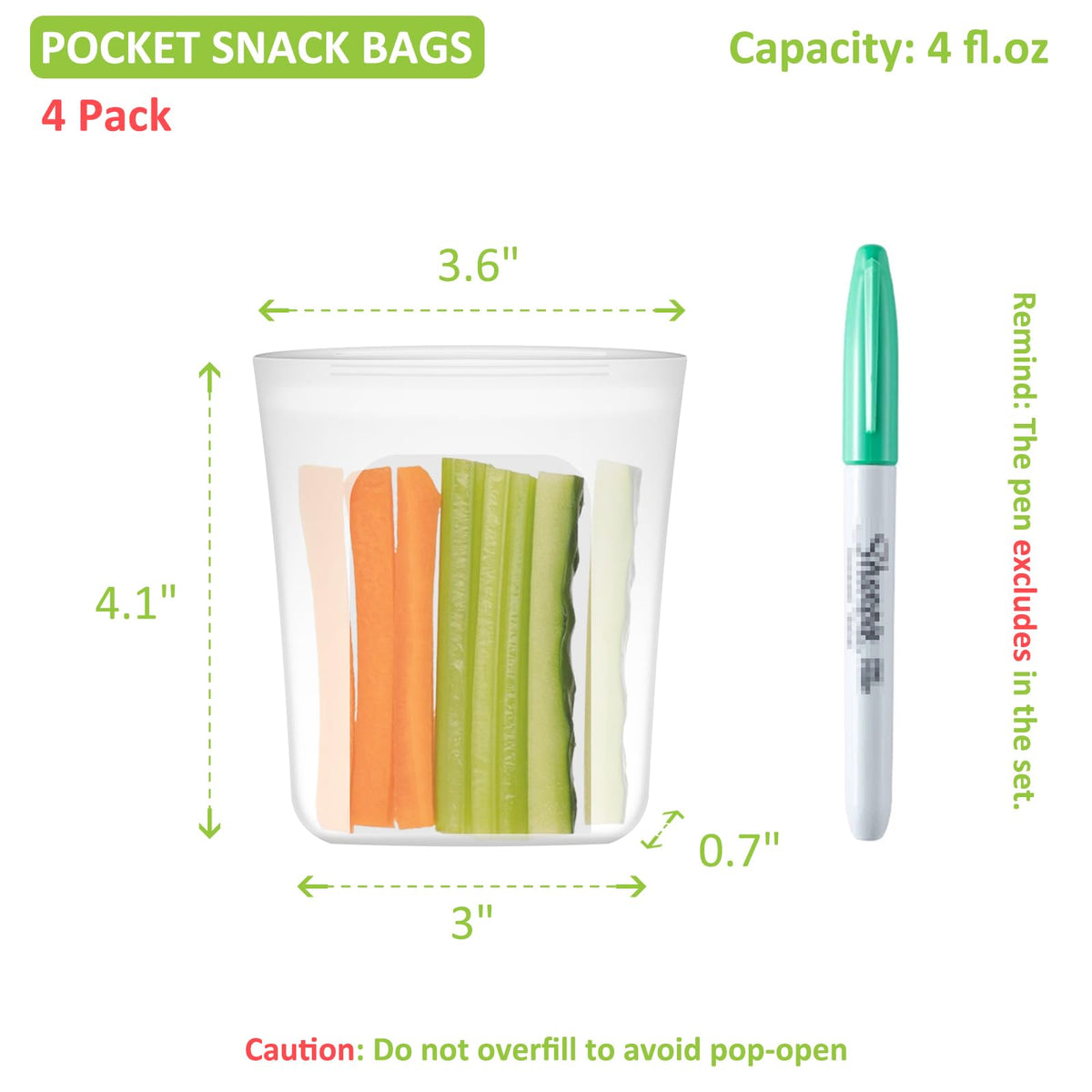 100% Silicone Mini Ziplock Reusable Pocket Snack Bags 4oz, BPA Free, 4 Pack Tranlucent | 4oz | 4 Pack
