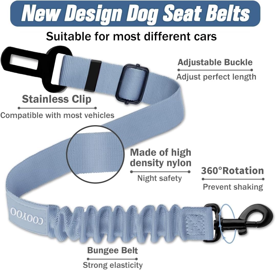 COOYOO Dog Seat Belt,3 Piece Set Retractable Dog Car Harness Adjustable for Vehicle Nylon Pet Safety Heavy Duty & Elastic Set 03-Black+Blue