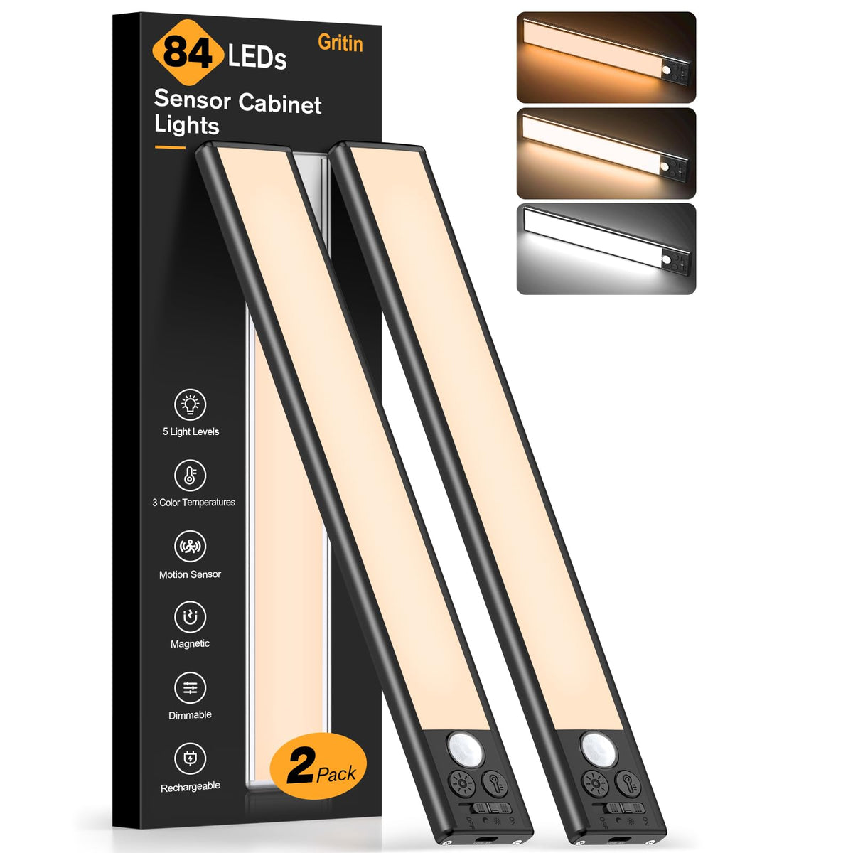 Gritin 14.7inch Under Cabinet Lighting Rechargeable 2 Pack Black 14.7 inch